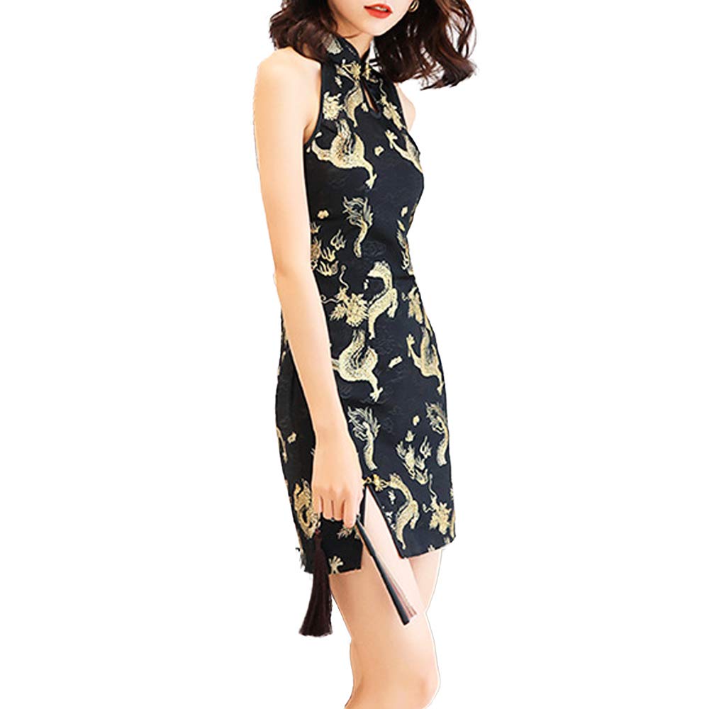Women's Sleeveless Cheongsam Mini Dress Chinese Traditional Print Halter Neck Side Slit QipaoDress