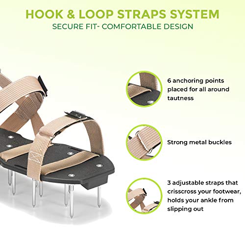 Plantnomics Lawn Aerator Shoes with Hook-and-Loop Straps, User Manual, Wrench – Pre-Assembled, Fully Adjustable, One-Size-Fits-All – Lawn and Garden Tool Reduces Thatch, Revives Soil Health, Camel