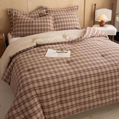 Image of Cyusri Cotton Plaid Full Comforter Set - Soft Lightweight Bedding 3 Pieces Dyed Bed Set with 2 Pillow Shams,Reversible All Season Farmhouse Down Alternative(Full Size 80 inchx90 inch Taupe Plaid)