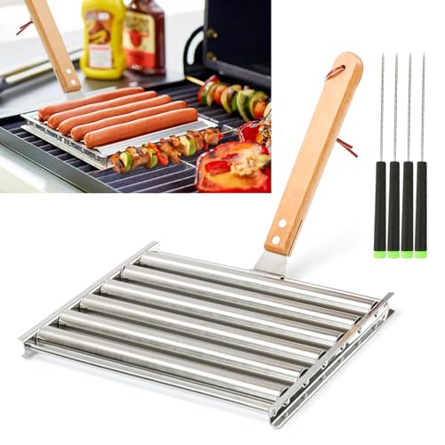 KAYCROWN Hot Dog Roller for Grill Stainless Steel BBQ Hot Dog Grill Roller with Wooden Handle, Sausage Roller Rack for Evenly Cooked Hot Dogs, 4 BBQ Skewers Included, 5 Hot Dog Capacity, Large by KAYCROWN - Used condition - US$13.59