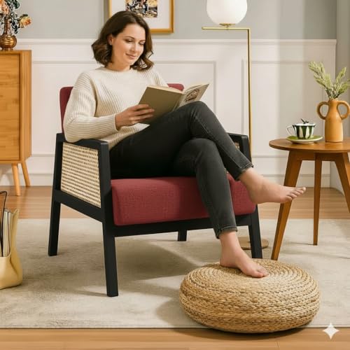Image of Solid Sheesham Wood Arm Chair with Cushion || Cane Chairs for Balcony || Wooden Armrest Chair Garden Chairs Outdoor || Dining Chair for Living Room Furniture Modern Accent Chair Walnut Finish