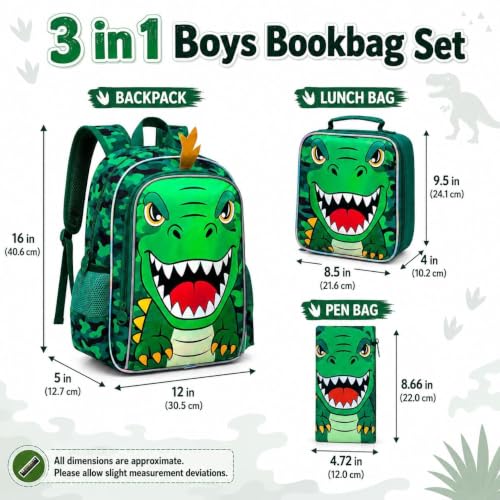 Image of 16 inch Dinosaur Backpack for Boys, 3Pcs Dino Kids Bookbag with Lunch Box, School Backpacks for Elementary Preschool Kindergarten (Green)
