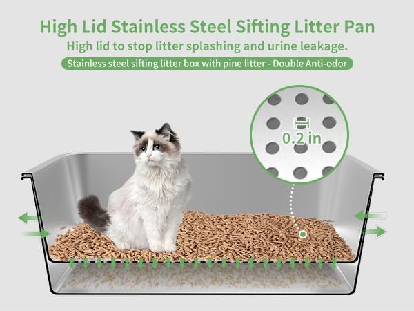 Stainless Steel Cat Litter Box with Lid, XL High Sided Metal Sifting Litter Box for Pine Pellets, Enclosed Sifting Box for Big Cats, Anti-Leakage, Easy Clean, Include Scoop, Liner, Pee Pad and Hook