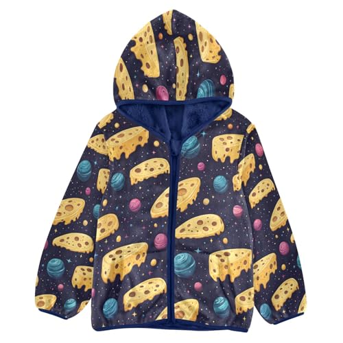 Cheese Slices and Planets Pattern Toddler Fleece Jacket Girl Boys Hooded Fleece Jacket Coat Warm Outwear Zip-up 3-10T