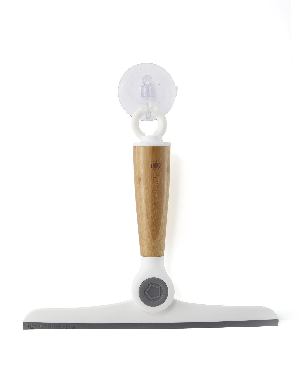 Full circle wipe out pivoting shower squeegee with hanging hook, 2 piece, white