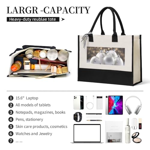 Canvas Tote Bag for Women Beach Tote Purse Reusable Grocery Bag White Xmas Balls Aesthetic Shopping Bags4