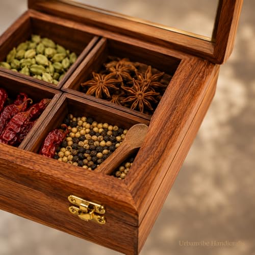 Image of Shesham Wood Masala Box with Glass Lid & Wooden Spoon | 4 Compartments Spice Storage | Handmade Masala Dabba for Kitchen | Wooden Spice Box Container for Dry Fruits & Condiments