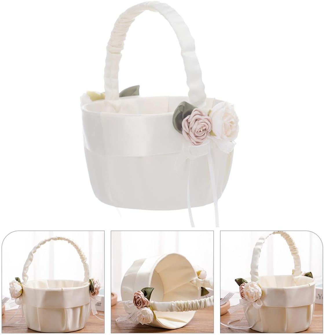 Ivory Satin Flower Girl Basket with Lace Bowknot and Handle Wedding Ceremony Accessory for Flower for Wedding Party Supplies
