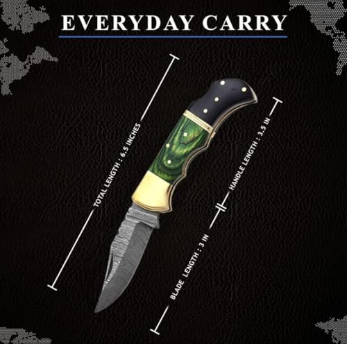 Limited Edition , Damascus Pocket knife , Damascus Knife , Pocket knife men , Damascus Folding Knife , Knife with sheath , Indoor & Outdoors Activities , Damascus Hunting knife , Folding Hunting Knives , Folding Pocket Knife (Green Wood) by Forgemen - Used condition - Image 4