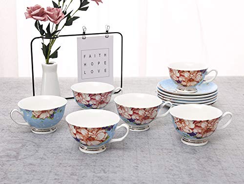 ufengke 7oz Flora Coffee Cup Set,Porcelain Cappuccino Cups with Saucers and Spoon,Set of 6 Ceramic Tea Cup and Saucer Set-Light Blue
