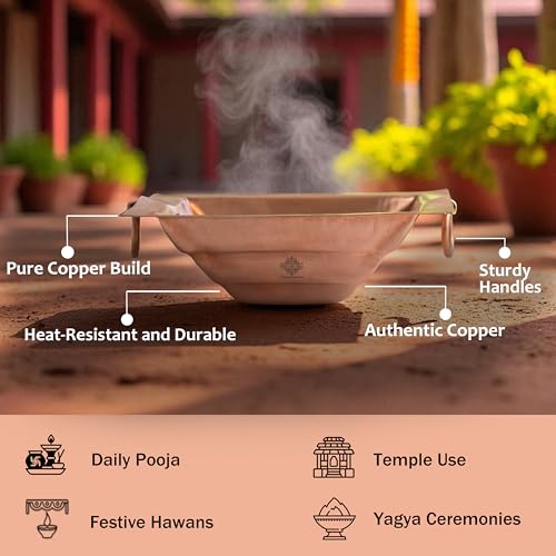 Image of INDIAN ART VILLA Pure Copper Hawan Kund with Handle On Both Side, for Yagya, Hawan & Poojan Purpose, Size-4.3 x 13.4 Inches