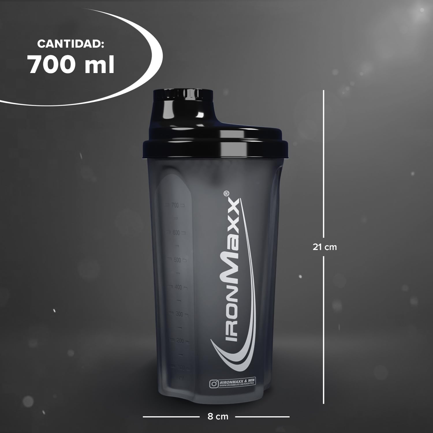 IronMaxx Protein Shaker - 700ml Negro Noche| Agitador de proteínas | Tapón de rosca, tamiz, escala | Sin BPA/DEHP, hermético, lavable