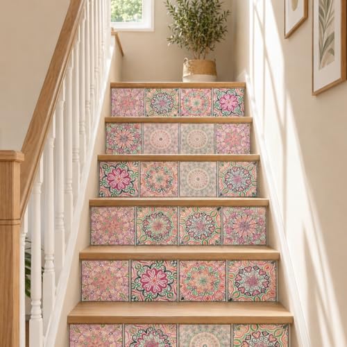Image of Moroccan Peel and Stick Wall Tiles 24 PCS Self-Adhesive Pink Stick on Tiles Moroccan Tile Stickers Wall Decals Waterproof & Heat Resistant PVC Stick on Tiles for Kitchen Floor Bathroom 10x10cm