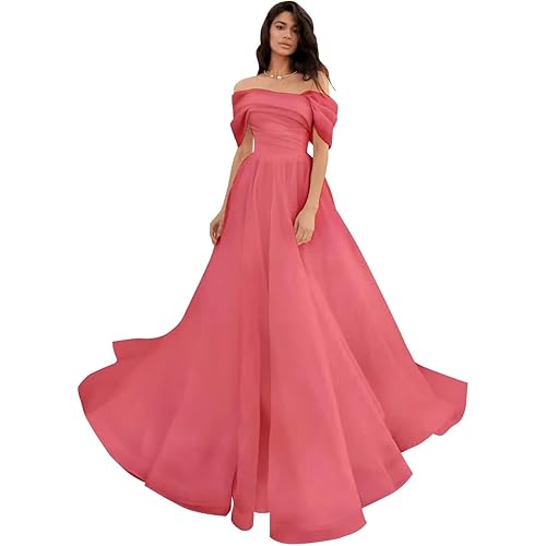 Women's Formal Dresses Off The Shoulder Coral Evening Gowns Long Tulle Prom Dress Pleated Size 8