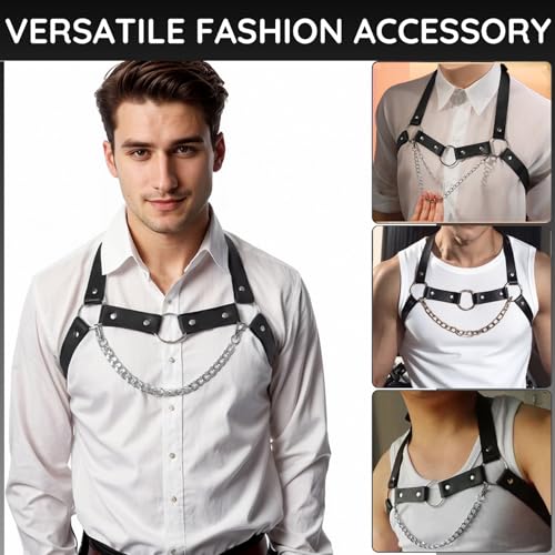 Men's Chest Harness with Chain, Body Harness Belt for Men, Adjustable PU Leather Men's Punk Chest Belt Shoulder Harness Muscle Show Fashion Costumes for Cosplay Party2