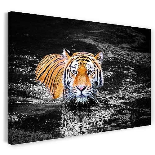 Printistico Impression sur toile (60x40 cm) tigre nageant dans la jungle, noir et blanc, noir et blanc, photographie, cadre en bois véritable avec crochet,
