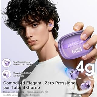Cuffie Bluetooth 5.4, Auricolari Open Ear Cuffie Clip-On, 48 Ore Cuffiette Conduzione Ossea, DNN Noise Cancelling, Comfort Adattivo, Audio Immersivo, Auricolari Bluetooth con 4 Mic, Impermeabili IPX7