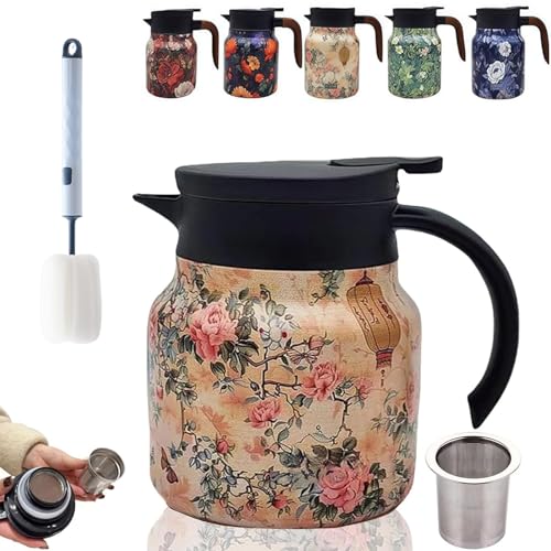 Termo For Té Con Estampado Floral Vintage: Infusor Incorporado, Jarra Térmica Portátil Con Tapa (verde, 800 Ml)(Pink,800ml)
