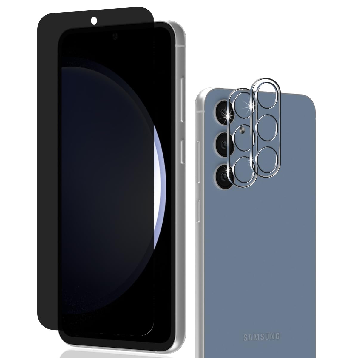 【1+2枚入り】Galaxy S23 FE ガラスフィルム 覗き見防止 (1枚) + S23 FE カメラフィルム (2枚) 全面保護フィルム プライバシー保護 カメラ レンズ 保護カバー 旭硝子製 【左右つ方向のぞき見防止 2.5D 高透過率 気泡ゼロ 硬度9H 指紋防止 貼り付け簡単】液晶保護フィルム Galaxy S23 FE