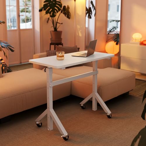 Image of HUANUO 32'' Small Standing Desk Adjustable Heigh, Mobile Stand Up Desk with Wheels, Portable Rolling Desks for Walking Pad and Treadmill, Computer Laptop Desks for Home Office Space