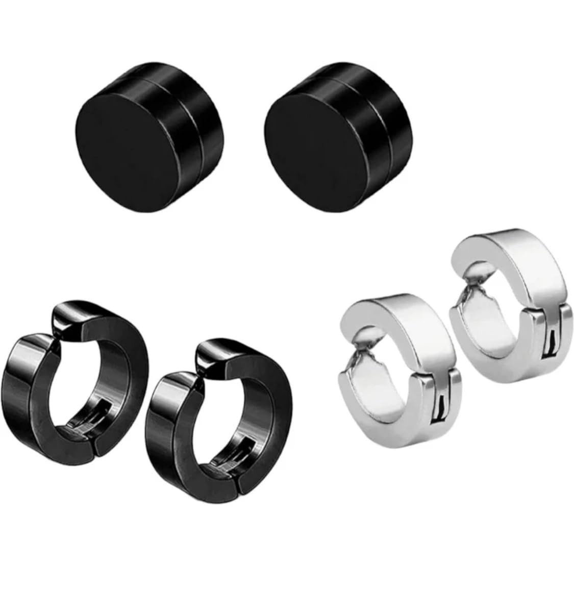 Trendy Black Silver Non Piercing Dumbbell Bali Combo Stainless Steel Earring Set, Clip-on, Huggie, Magnetic, Stud, 3 Sets, for Men and Women-image-12