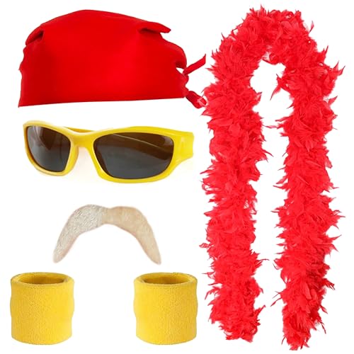 Ensemble d'accessoires de lutteur pour adultes – Bandana rouge, lunettes de soleil et bandeaux absorbants jaunes, moustache blonde, boa à plumes rouges –...