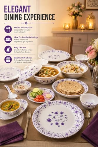 Image of 32 Pcs Premium Melamine Dinner Set with Purple Floral Print | Lightweight & Durable Dinnerware Set for Family Dining (Floral Bloom)