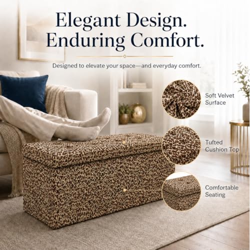 Image of ALASDO 43 Inch Folding Storage Ottoman Bench with Hidden Storage, PU Leather Ottoman Foot Rest Stool, End of Bed Bench for Bedroom, Living Room, Entryway and Closet, Leopard Print