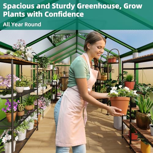 Garvee 8x12 FT Greenhouse - Aluminum Greenhouses for Outdoors, Large Polycarbonate Greenhouse with Roof Vent, Heavy Duty Walk-in Green Houses for Outside Garden, Backyard, Patio, Lawn, Easy Assembly