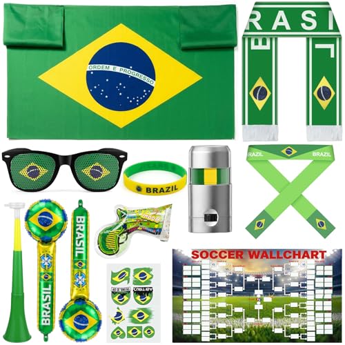 Peledic 12 Pcs Soccer Fan Set for Brazil, Soccer Fan Merch with Shawl, Scarve, Horn, Cheering Sticks, Face Paint, Wristband, and Glasses for Football Viewing Party