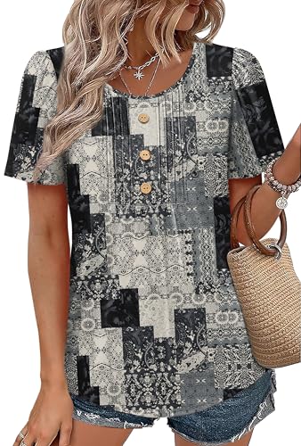 Image of Womens Tops Dressy Casual Blouses Short Sleeve Shirts Plus Size Fashion Clothing Spring Summer Outfits Button Pleated Front