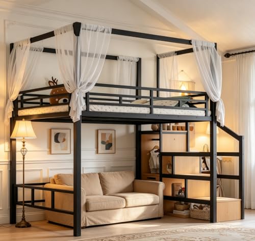 Image of Bellemave Full loft Bed with Storage Stairs, Wardrobe, Canopy Support Pole, Metal Full Loft Bed Frame for Adults, Kids, Teens, Canopy can be Disassembled, Black+Natural Wood
