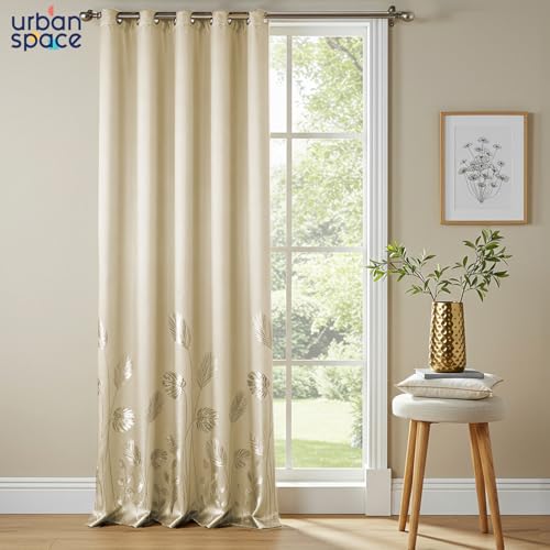 Image of Urban Space 100% True Blackout Curtains for Window, Gold Foil Printed Blackout Curtains, Blackout Decorative Window Curtain Eyelet with Tieback, 1 Piece Curtain for Living Room(Aurika Beige, 5 Feet)