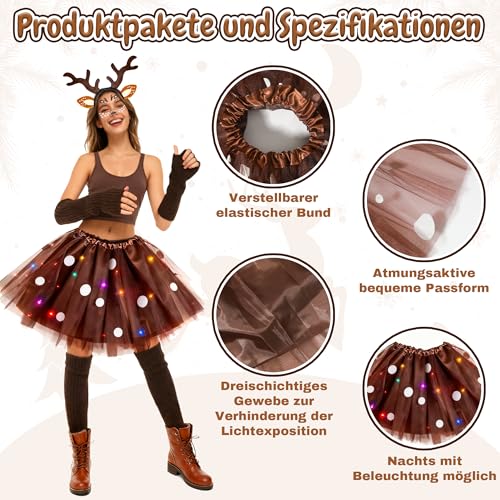 GEVECORI Reh Kostüm Damen, Karneval Kostüm mit LED Brauner Tüllrock, Rentier Haarreif Reh Gesichtstattoo, Beinwärmer Armstulpen, Faschingskostüme für Fasching, Karneval Weihnachtskostüm