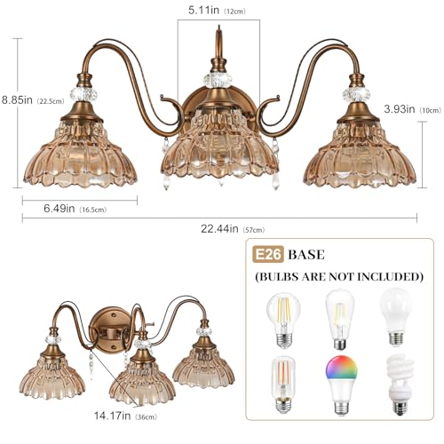 Image of Vintage Bathroom Vanity Light, 3-Light Matte Antique Brass Finish Wall Sconce with Hanging Crystal Accents and Flower-Shaped Amber Glass Shades, Retro Wall Mount Vanity Light Over Mirror for Bathroom