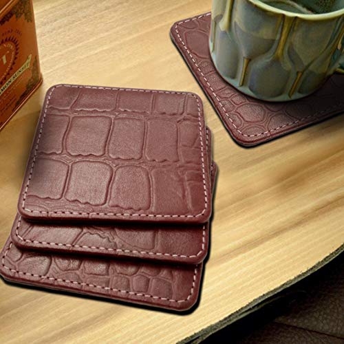 Image of Genuine Leather Square Shaped Coasters Set of 6| Heat-Resistant, Durable & Non-Slip Coasters for Home & Office I Perfect for Any Beverage (Color - Wine)