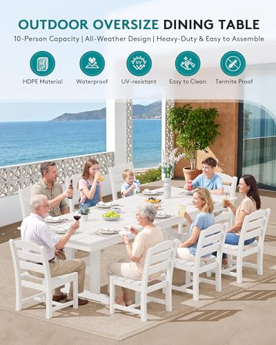 Image of SERWALL 9 Piece 84 inch HDPE Outdoor Dining Set for 8 with Armless Chairs and Umbrelle Hole, White
