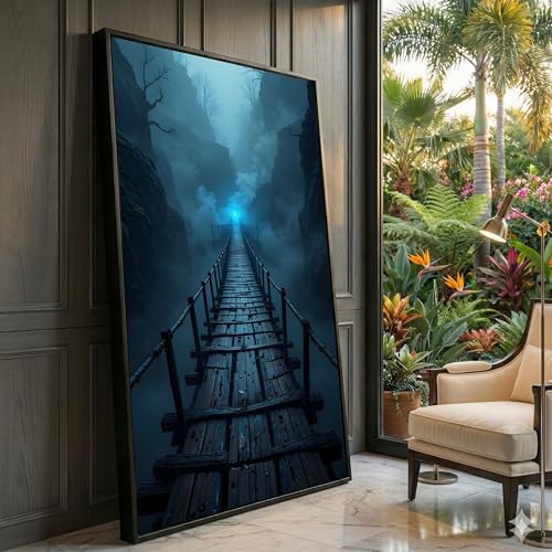 XBTYKPB Lienzo de un puente colgante de madera con cañón brumoso, arte mural de bosque oscuro, pintura de paisaje melancólico, decoración natural atmosférica (70 x 130 cm/marco interior)