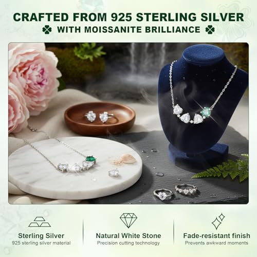 Women's Sterling Heart Birthstone Silver Necklace - 925 Sterling Silver Four-Leaf Clover 2-in-1 Moissanite Pendant Necklace with Adjustable Chain for Anniversary Birthday Valentine's Day3