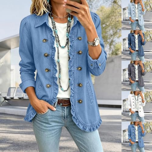 Denim Jacket for Women Fall Ruffle Trim Open Front Button Down Peplum Coat - image 3