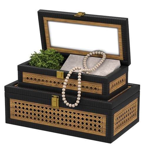 Fllamo Rattan Decorative Box,Boho Display Boxes with Lids,Set of 2 Rectangular Wicker Storage...