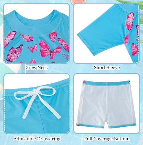Image of Lovekider Girls Swimsuits Two Piece Rash Guard Set Short Sleeve Bathing Suit Liner Swimwear with Sun Protection 3-12T