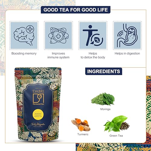 Image of Dabri Moringa Turmeric Green Tea 100gm Pouch | Natural Organic Loose Leaf | Rich in Antioxidants | Boosts Immunity, Aids Digestion, Detoxifies Body & Enhances Strength & Energy