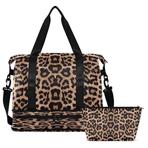 Bolaz Leopard Print Gym, Travel, Business, Yoga Duffel Bag with Wet Pocket, Shoes Compartment, Toiletry Bag, 17.3 x 8.7 x 15.5 inches