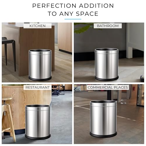 Image of Robustt Stainless Steel Open Top Dustbin - 6L | 8.2Inch (W) x 11.3Inch (H) Silver Trash Can with Anti-skid Base | For Bathroom, Bedroom, Kitchen & Toilet or Commericial Use - Pack of 1