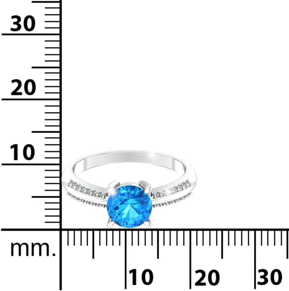 Ring for Womens 925 Sterling Silver Ring Swiss Blue Topaz Gemstone Ring 7mm Round Sparkling Fine Ring Jewelry Band Gift for Engagement Wedding, Size 7