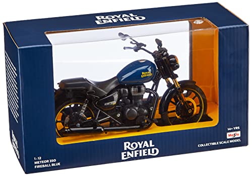 Image of Royal Enfield Meteor Scale Model Fireball Blue, Plastic, Metal Miniature Toy Motorcycle, 1:12 with Steerable Handle Bars, Free Rolling Wheels, Working Rear Suspension, Side Stand, Rear-View Mirrors