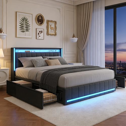 BRILVERDE Polsterbett 180x200 mit Stauraum, Doppelbett mit LED und USB, Jugendbett mit 4 Schubladen, Bettgestell mit Kopfteil und Lattenrost, Leinen (Grau, 180 x 200 cm)