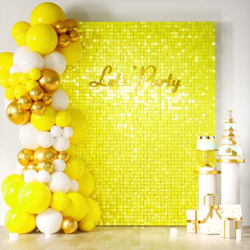 Image of COKAOBE Yellow Shimmer Wall Backdrop, 24PCS Square Sequin Shimmer Backdrop Panel, Photo Backdrops for Birthday, Anniversary, Wedding, Graduation & Bachelorette Party Decoration
