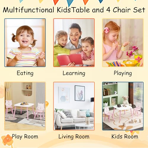 Image of Wood Table & Chairs 3 Pieces Set, Boys Girls Activity Table w / 2 Animal Shaped Chairs, Solid Wood Legs, Safe Rounded Corners, Playroom Furniture for Boys & Girls Activity Dining Drawing Craft.